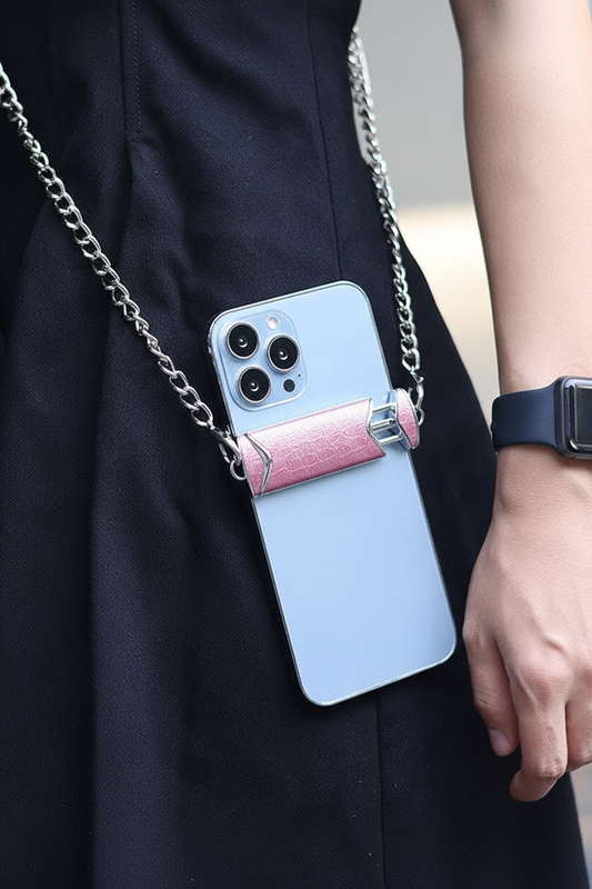 Pink phone chain clip worn crossbody lifestyle photo