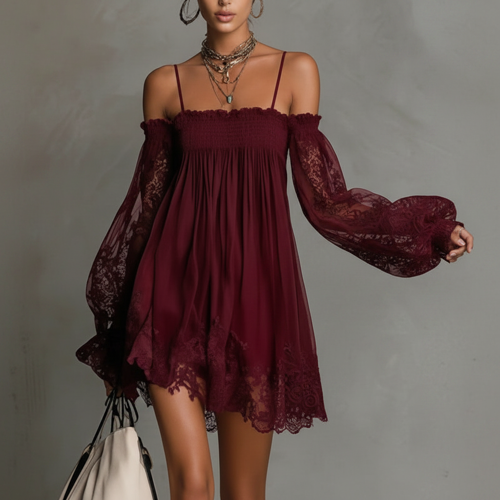 Wine Red Velvet Lace Dress